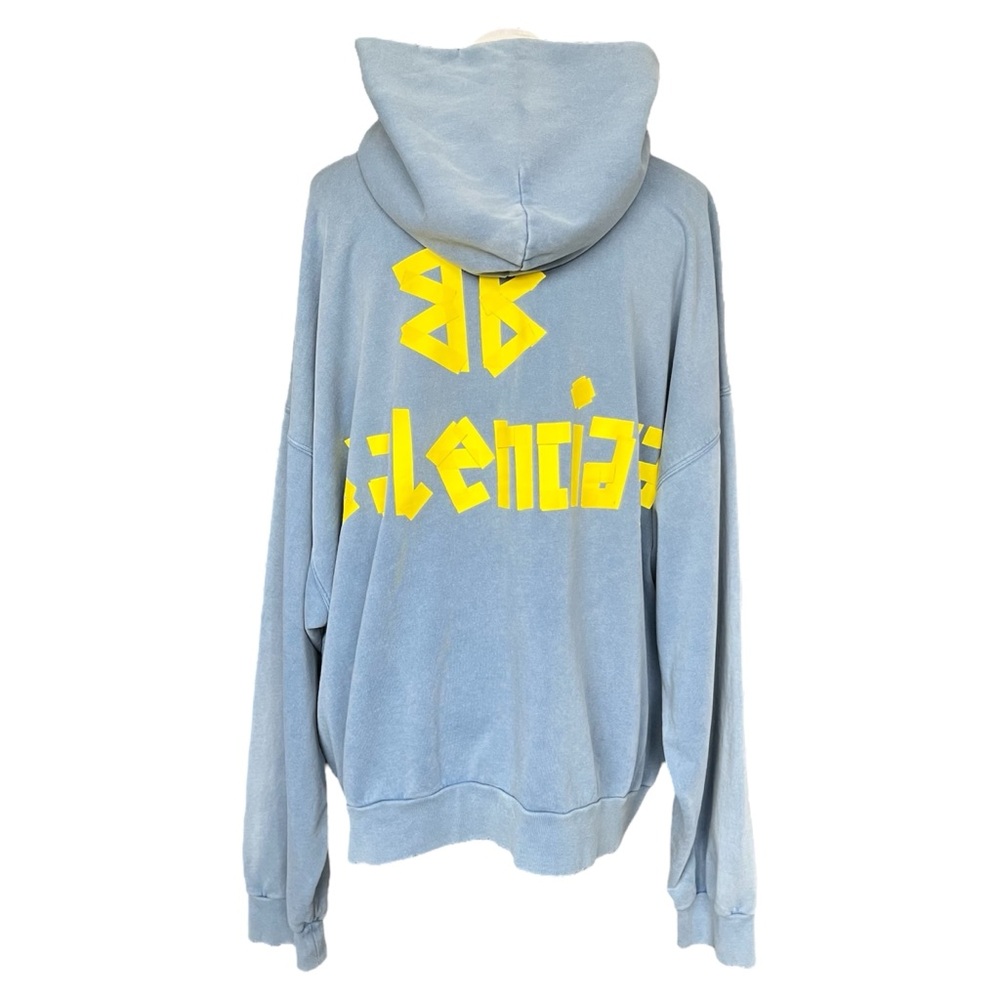 Balenciaga Men's Logo Tape Distressed Ripped Pocket Hoodie Oversized Faded Blue - Picture 9 of 15